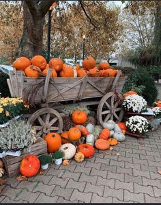 an old wagon filled with pumpkins and gourds