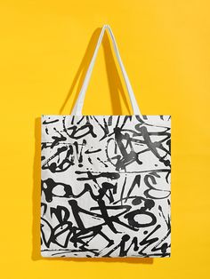 Graffiti Print Tote Bag -SheIn(Sheinside) Graffiti Packaging, Tote Bag Print Design, Graffiti Bag, Tote Bad, Tokyo Rose, Black And White Bags, Textiles Projects, Painted Tote, Graffiti Designs