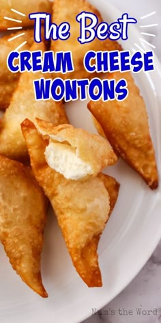 the best cream cheese wontons on a white plate with text overlay that reads, the best cream cheese wontons