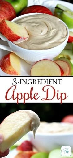 an apple dip in a white bowl with apples around it and the words, 3 ingredient apple dip