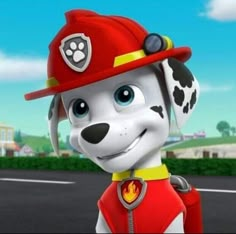 a cartoon dog wearing a fireman's hat and holding a red bag on the street