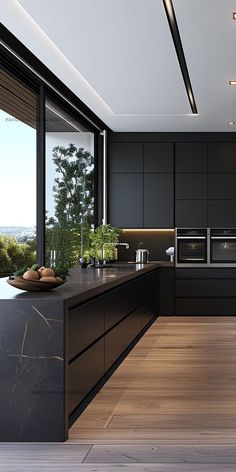 a modern kitchen with black cabinets and wood flooring on the walls, along with an outdoor view