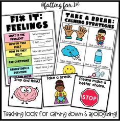 four posters with different words and pictures on them, including the words fix it feelings