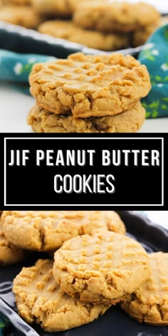 peanut butter cookies stacked on top of each other with the words, jf peanut butter cookies