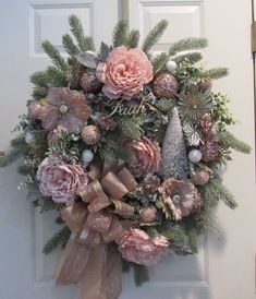 "Victorian Designer Winter Christmas Glittery Wreath, Pink and Gold Wreath with Glittering Hand Tied Bow, Winter Wedding Wreath This stunning wreath picks up the light and glitters majestically.  Great for fireplace, Entry Way, Fits standard size door or larger. For Indoor or Covered use only Evergreen Base With Integrated Hanger Sign says \"Faith\" in Gold Glittery Writing (can be removed) Excellent Craftsmanship of Premium Quality Hand Tied Bow of Premium Ribbon Ships From New York" Pink Christmas Wreath, Christmas Tree Dress, Tree Dress, Pink Wreath, Wedding Wreath, Gold Wreath, Shabby Chic Christmas, Wedding Wreaths, Victorian Christmas