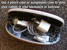 there is a bag with many cords in it and the caption reads use a pencil case or sunglasses case to store your cables in your backpack or suitcase