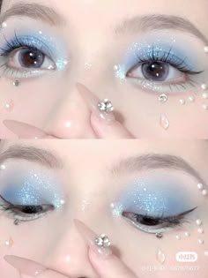 Icy Blue 90s Makeup, Blue Mermaid Makeup Looks, Blue Princess Makeup, Icy Blue Eye Makeup, White And Blue Eye Makeup, Douyin Mermaid Makeup, Icy Eye Makeup, Alice In Wonderland Makeup Ideas Eye, Icy Blue Makeup Look