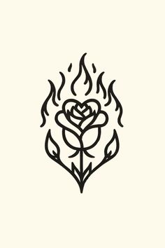 a black and white drawing of a rose with flames on it's petals,