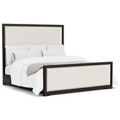 a bed with white sheets and pillows on it's headboard, in front of a white background