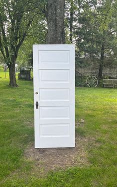 a white door sitting in the grass next to a tree