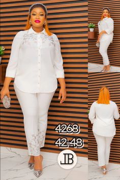 "Refresh Your Wardrobe With this Prudent White Pant and Blouse Combo" Blouse Chiffon, White Pant, Beaded Shirt, White Wardrobe, Polyester Pants, Stylish Outfit, Chiffon Blouse