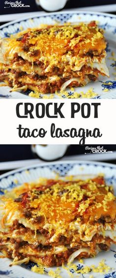 crock pot taco lasagna on a blue and white plate