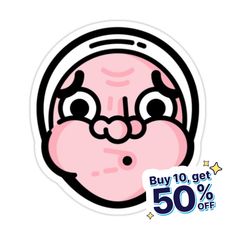 a sticker with an image of a pink face and the words buy 10 get 50 % off