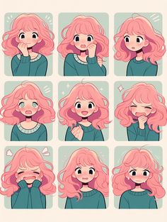 a cartoon girl with pink hair making different expressions