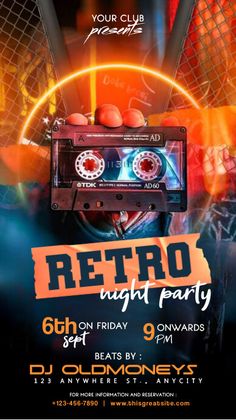 the retro night party flyer is shown with an old fashioned cassette player and neon lights