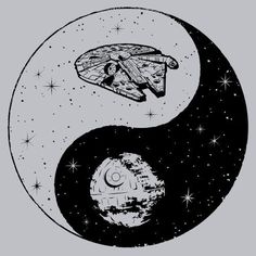 the yin symbol with an image of a star trek ship flying over it in black and white