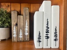 three painted wooden boards sitting on top of a shelf next to a potted plant