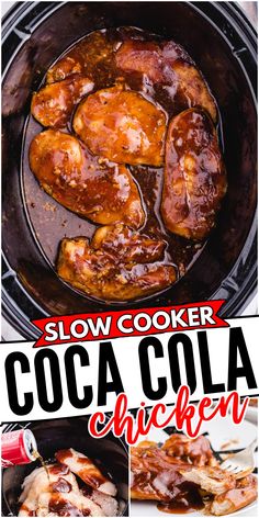 slow cooker coca cola chicken recipe in the crock pot with text overlay