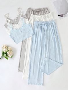 3pcs/Set Women's Monochrome Lace Applique Sleeveless Top And Drawstring Long Pants Pajama Set Multicolor Casual-Woman    Plain Pant Sets Medium Stretch All Women Sleep & Lounge, size features are:Bust: ,Length: ,Sleeve Length: Cottage Core Pjs, Button Down Pajama Set, Brandy Melville Pjs Set, Clean Girl Pjs, Womens Pajamas Set, Teenage Pajamas, Simple Pjs, Coquette Loungewear, Cute Pajamas For Women