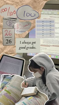 a collage of pictures with books, laptops and paper on them that say i always get good grade