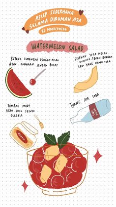 the ingredients for watermelon salad are shown in this graphic style, including bananas, apples