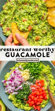 guacamole in a bowl with tortilla chips and avocado