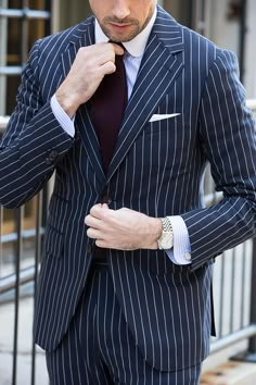 How To Wear a Blue Pinstripe Suit in the Spring - He Spoke Style Men Suits Modern, Men Suits Blue, Gentlemen Style, Vest Men, Grey Suit, Power Suit