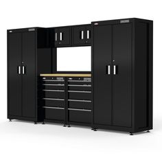 a large black cabinet with drawers and cabinets in it's center, next to a white background