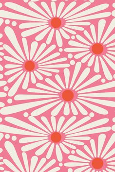 a pink and white flower pattern with red centers