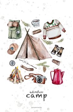 an illustration of a tent with camping items around it