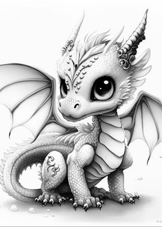 a black and white drawing of a dragon with big eyes on it's head