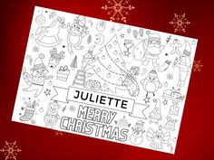 a merry christmas card with snowflakes and other holiday related items on red background