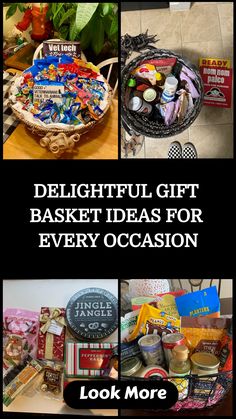 a collage of pictures with the words delightful gift basket ideas for every occasion