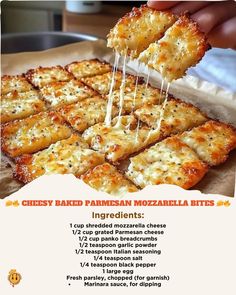 an advertisement for cheesy baked parmesan mozzarella bites with instructions