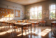 an empty classroom with desks and chairs in front of large windows on the wall