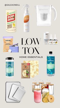 various products are shown with the words low tox on them and in front of it