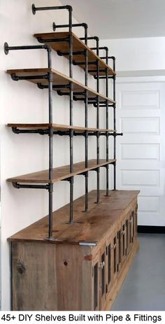 the shelves are made out of wood and have metal pipes attached to each one side