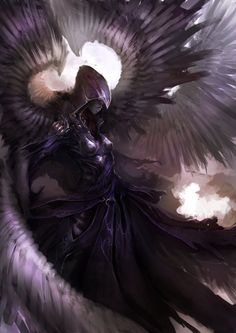 an angel with large black wings in the sky