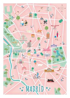 a map of madrid with people walking and riding bikes on the streets in pink background