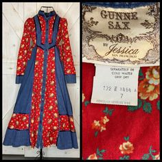 "Description: PLEASE NOTE- darned sleeve repair.  This was one of my rodeo dresses last year and she was a hit. Passing her along to another denim/floral Gunne lover Rare 70's Vintage Gunne Sax Mockneck Button Front Side Ties Midi Dress with the gorgeous red floral print. Cotton/poly/rayon.  Mock neck, button-up front, two double attached size ties, 2 x side pockets (omg they are even lined with the red floral print-divine full midi skirt, ribbon trim.  Vintage Gunne Sax 7 (Please know your vintage GS size and check all measurements), would best fit a modern XS or S (33\" pit to pit can reach 34\", but you prob do not want to strain the button front unless you add snaps).  The red floral has strong color, nice firm fabric.  Issues: 1. There is a 2\" darned area to the back of the sleeve (e Rodeo Dress, Prairie Dresses, Super Suit, Full Midi Skirt, Gunne Sax, Seventies Fashion, Tent Dress, 1970s Fashion, Little Dresses