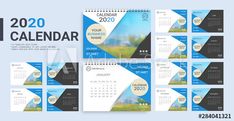 a set of calendars with blue and black shapes on the front, back and sides