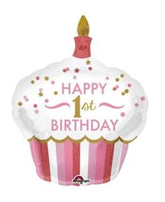 a pink and white birthday cupcake balloon