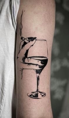 Hand Holding Wine Glass Tattoo, Cigeratte Tattoo, Vodka Tattoo, Glass Of Wine Tattoo, Mixology Tattoo, Wine Tattoo Ideas, Wine Bottle Tattoo, Alcohol Tattoos, Alcohol Tattoo