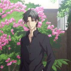 an anime character standing in front of some pink flowers and trees with his hands on his hips