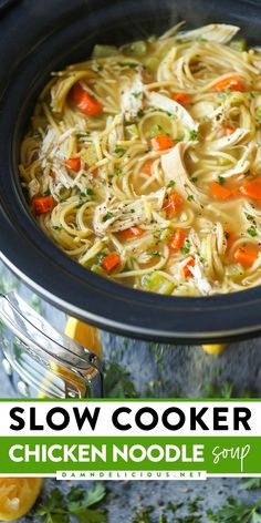 Don't miss out on this fall dinner idea! It's a hearty, yummy comfort food in a bowl. Not only will this chicken noodle soup recipe in the slow cooker warm you up, but it is also perfect for fighting off a cold! So, bust out your crockpot and try this homemade soup! Slow Cooker Chicken Noodle, Slow Cooker Chicken Noodle Soup, Crockpot Meal, Crockpot Chili, Best Slow Cooker, Eating Clean, Crockpot Meals, Slow Cooker Soup, Healthy Crockpot Recipes