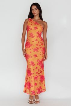 Portland One-Shoulder Jersey Maxi Dress Floral Orange Pink And Orange Bridesmaid Dress, Pink And Orange Floral Dress, Beach Semi Formal Wedding Guest, Hula Dress, Bridesmaids Ideas, White Mules, Orange Floral Dress, Wedding Options, Maxi Dress Floral