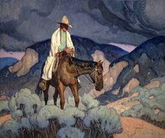 a painting of a man riding on the back of a horse in front of mountains