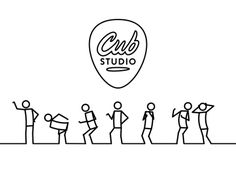 a line drawing of people standing in front of a guitar picker and the words club studio