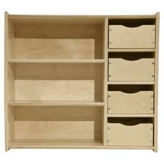 an unfinished wooden cabinet with drawers and shelves on the bottom shelf, isolated against a white background