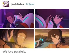 some anime characters are talking to each other and one is saying, we love parallels